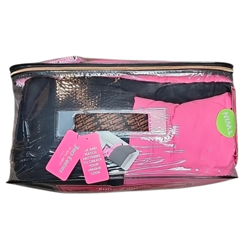 Juicy Couture 6 Piece Reversible Comforter Bed Set Pink & Black / Leopard - New